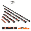 Magnetic torpedo level set with six black bars and orange vials, assorted lengths