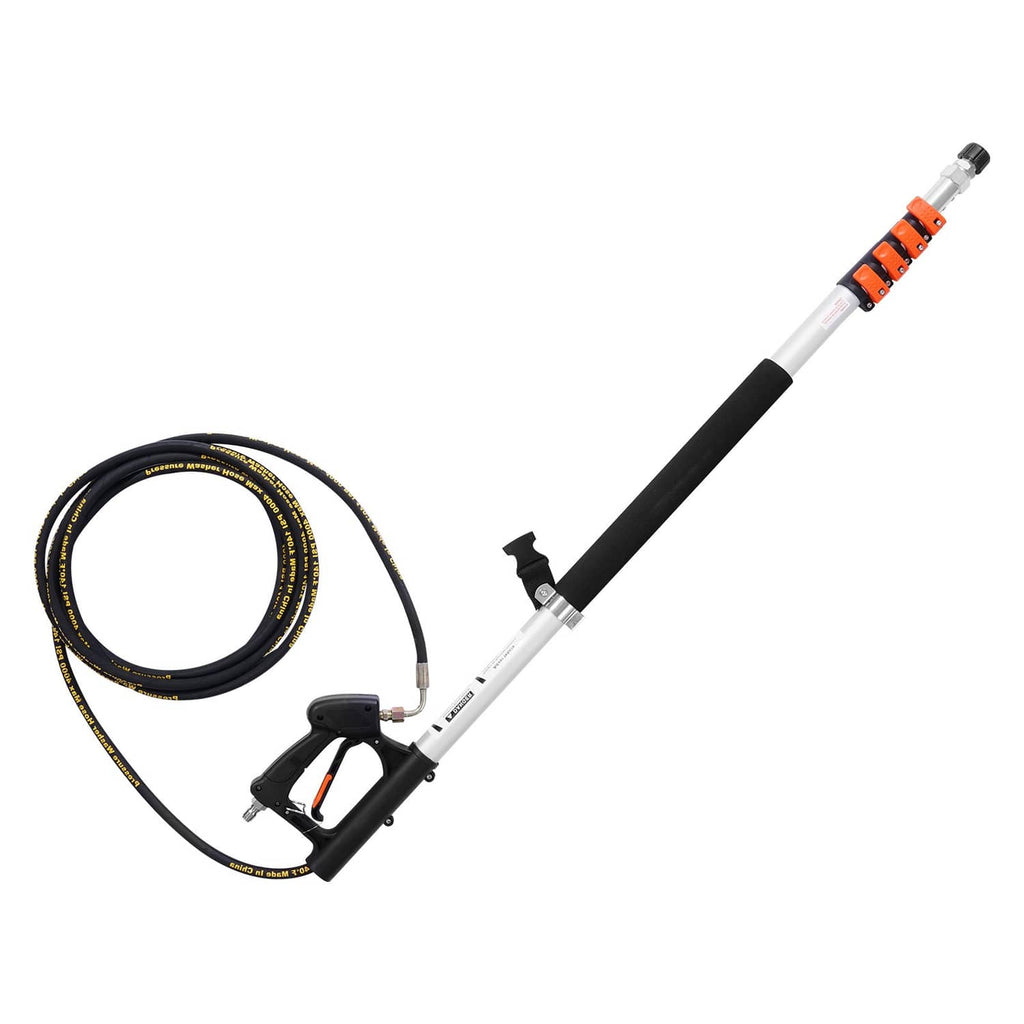 Telescoping wand with spray gun and high-pressure hose for pressure washer cleaning