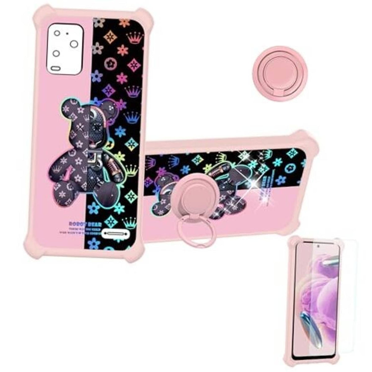 Pink rugged phone case with cartoon bear pattern and ring stand on back, raised corners