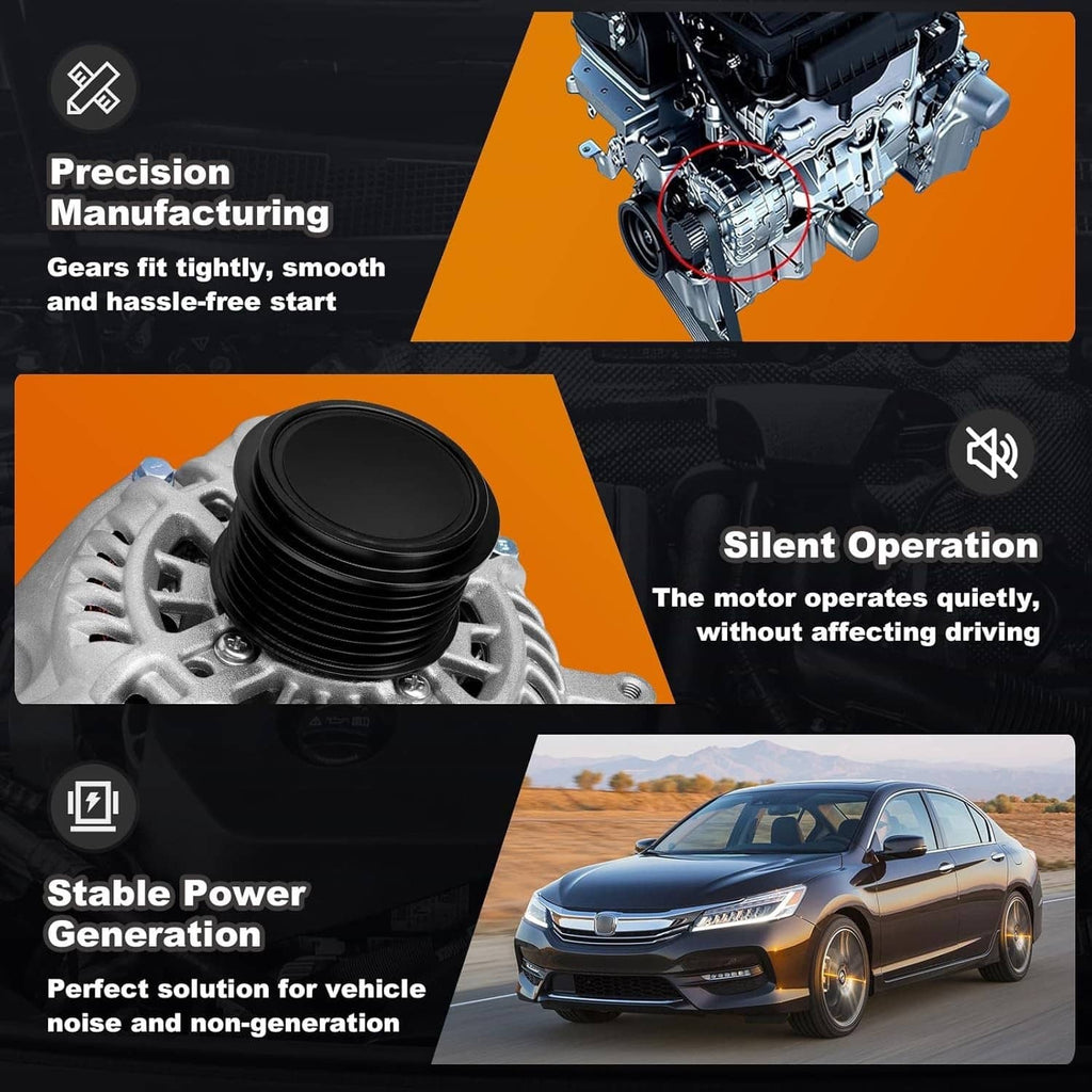 Automotive alternator with large black pulley and silver fins, product showcase angle