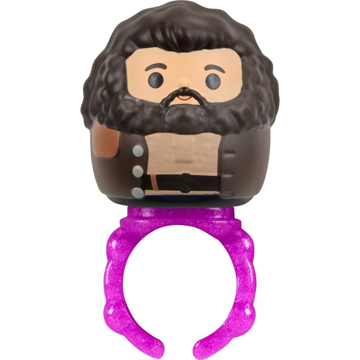 Mini squish toy figure of Hagrid with long dark beard and purple squishy ring base