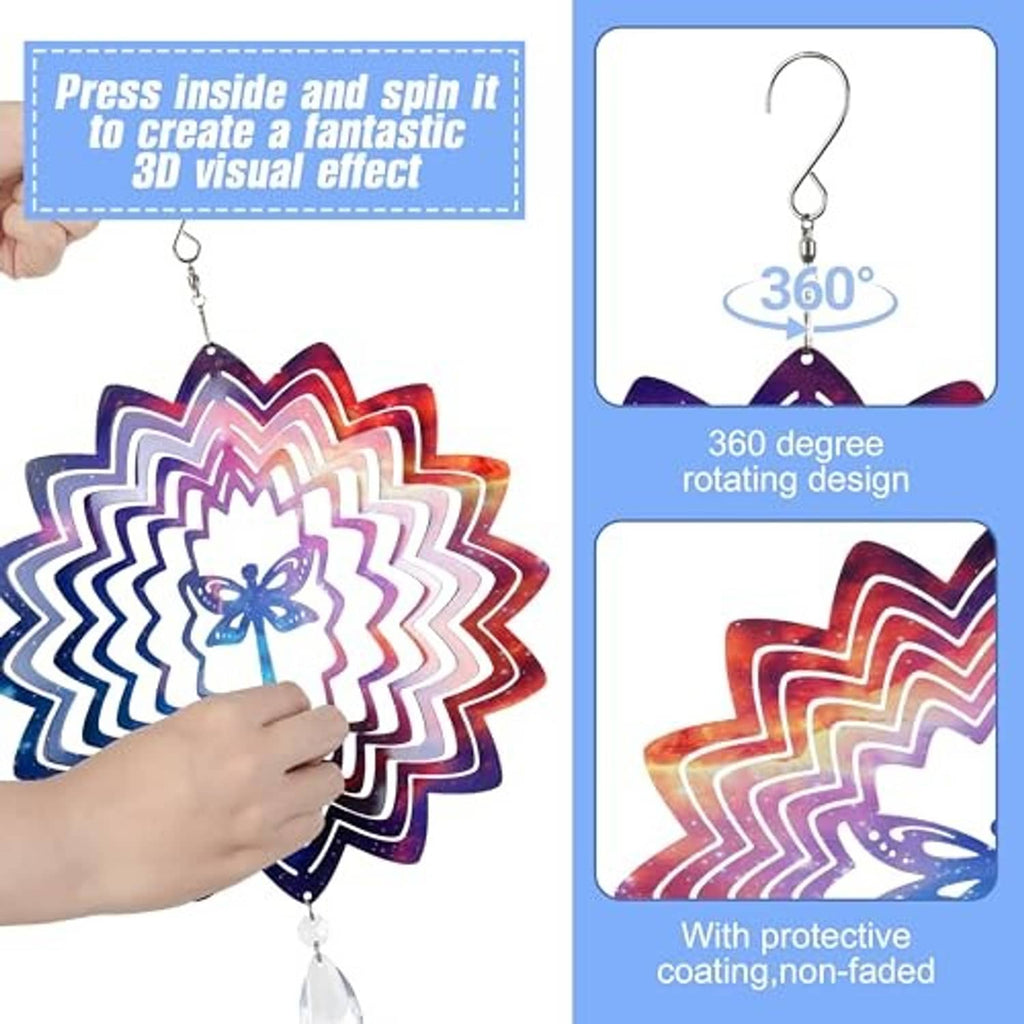 Multicolor 3D butterfly wind spinner being spun, with hook and clear teardrop pendant