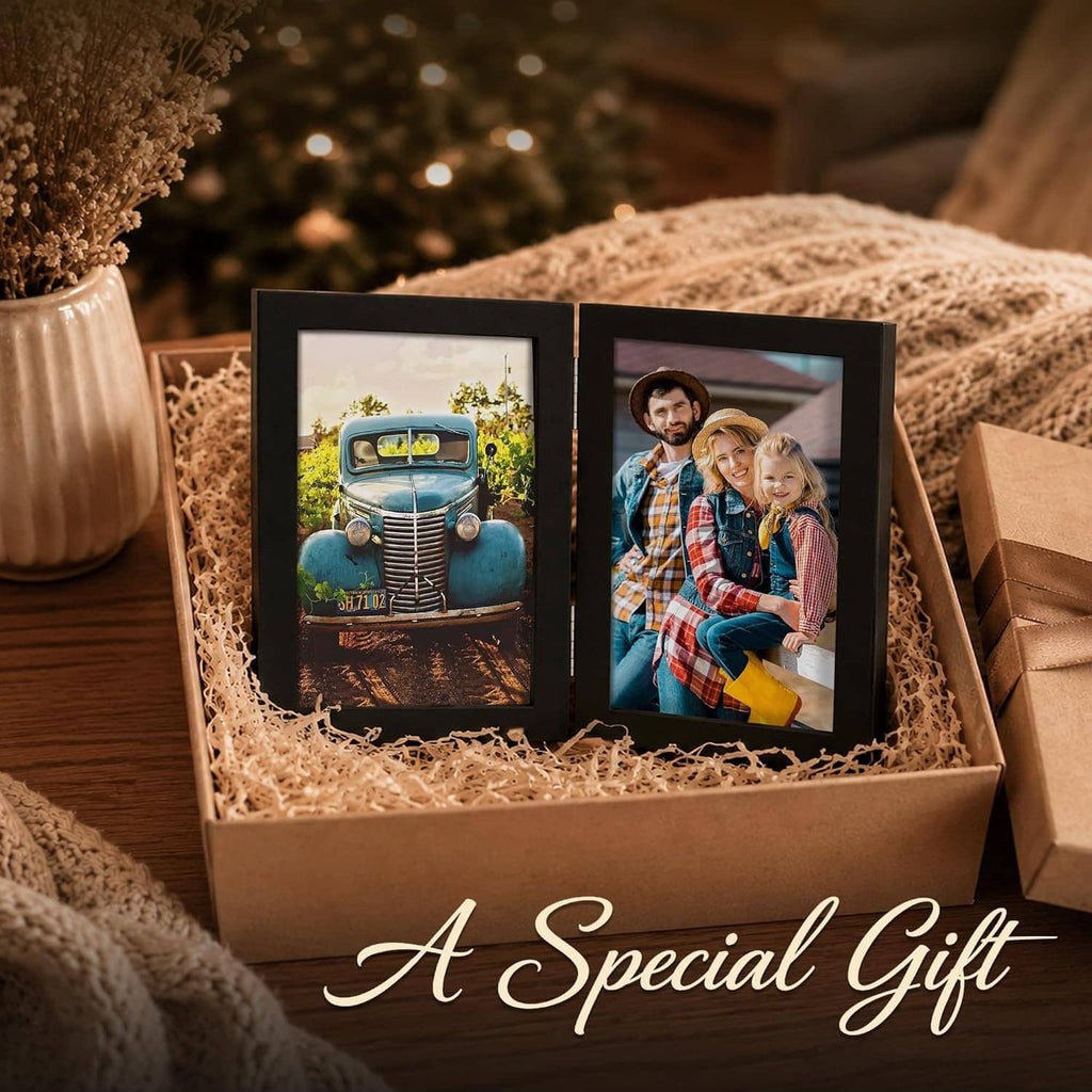 Black double-hinged wood 5x7 photo frames in a gift box with two displayed photos
