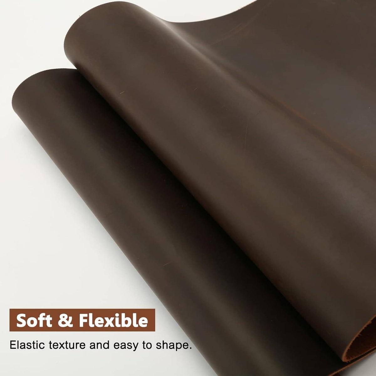 Brown full grain leather sheet, curved rolls showing smooth, flexible surface texture.