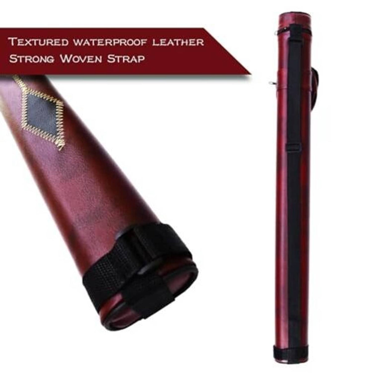Hard cue case in maroon leather with black webbed strap and padded end protection.