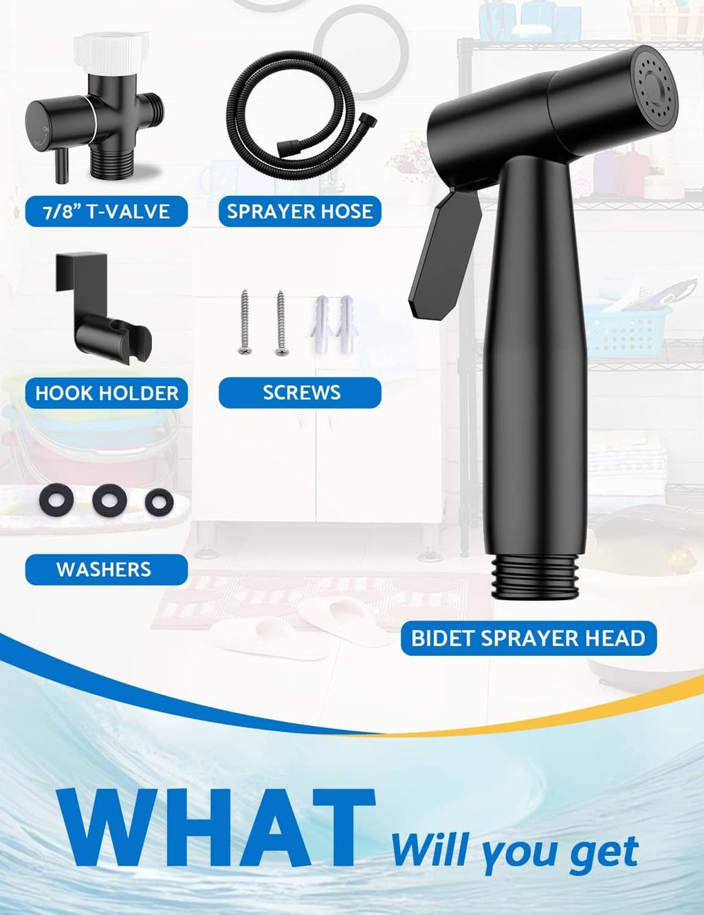 Bidet sprayer kit with matte black sprayer head, T-valve, and spray hose