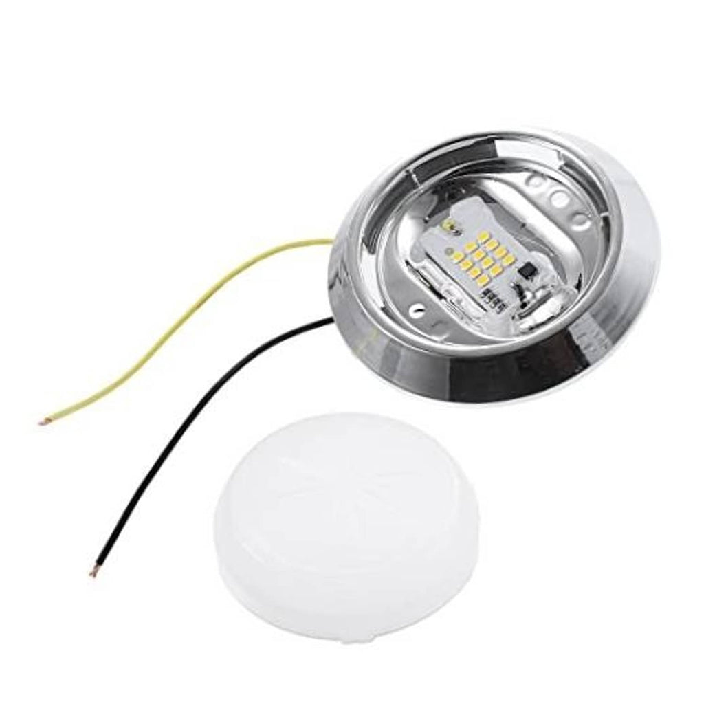 Round chrome LED dome light with clear lens and two wires for 12V interior use