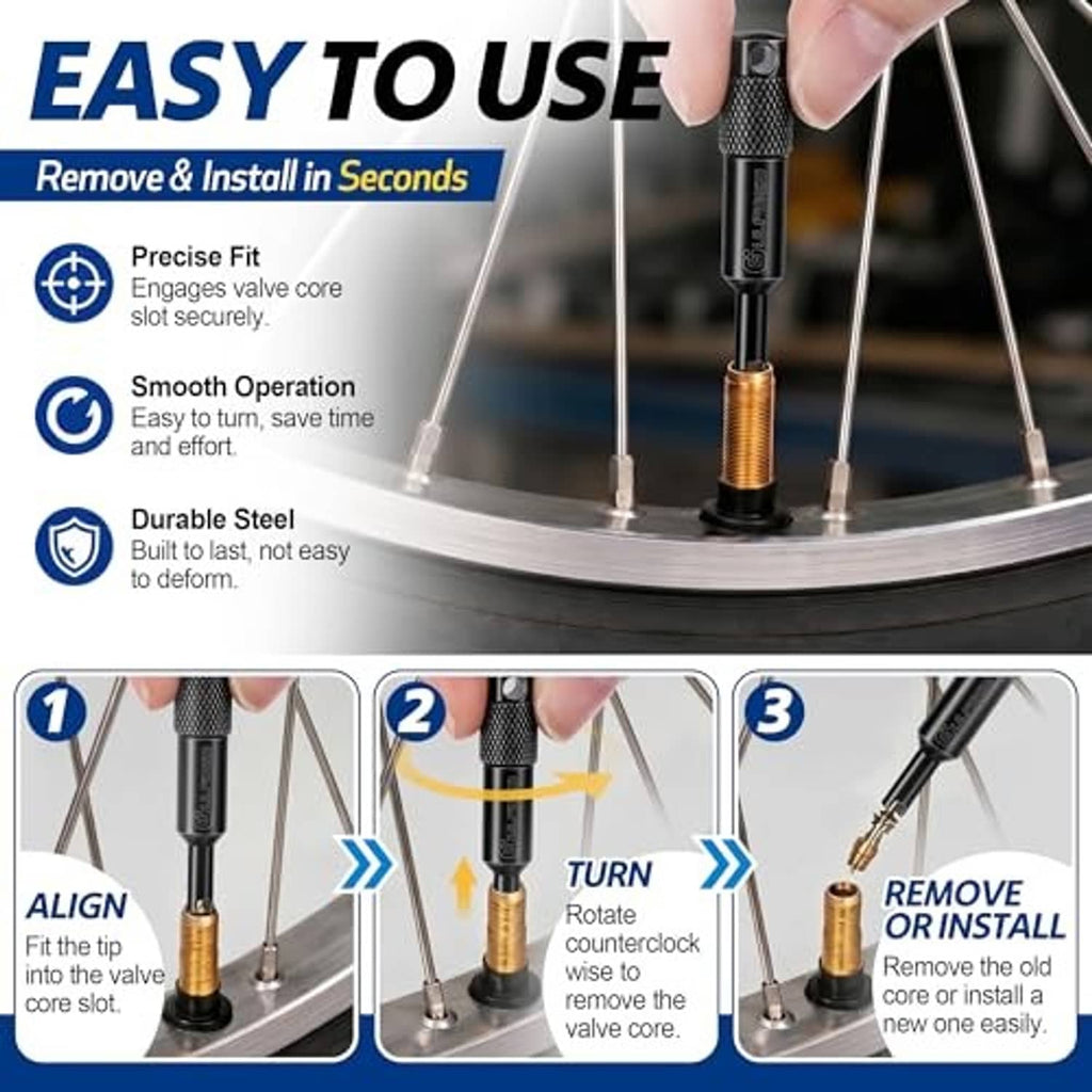 Valve core removal tool engaging a brass valve core on a wheel