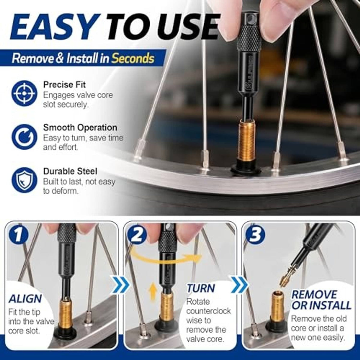 Valve core removal tool engaging a brass valve core on a wheel