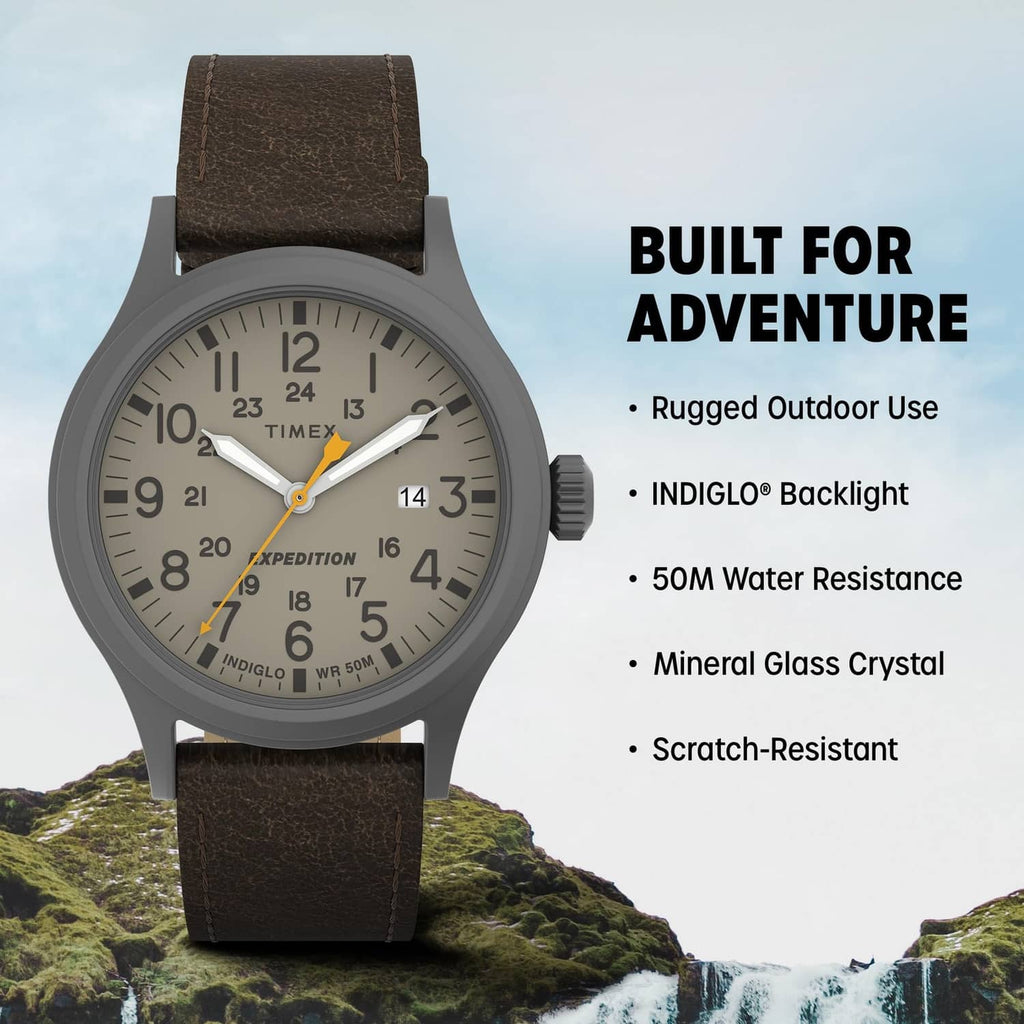 Gunmetal 40mm round watch with brown leather strap and light dial, three hands