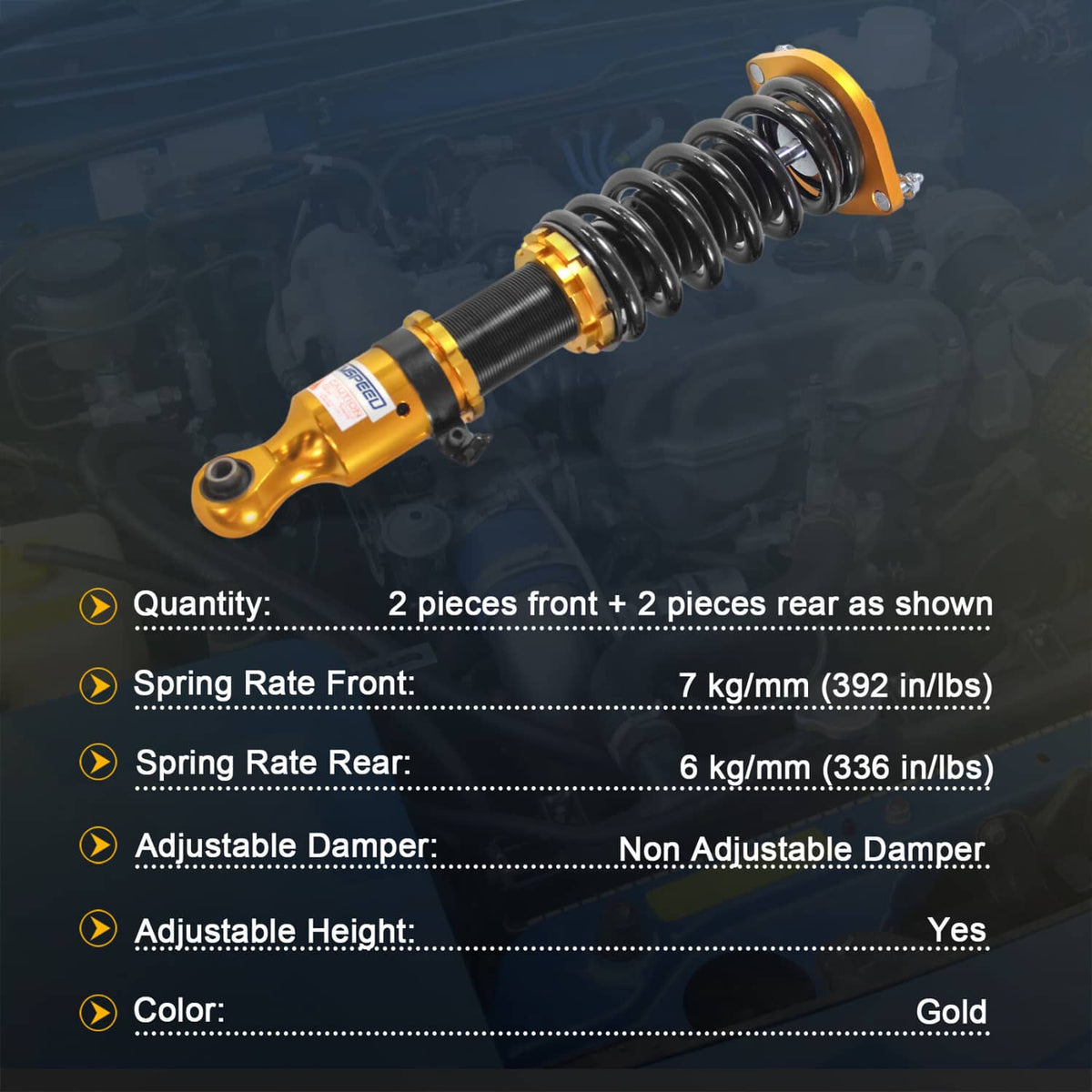 Single gold shock absorber with black coil spring and mounting eye, side view