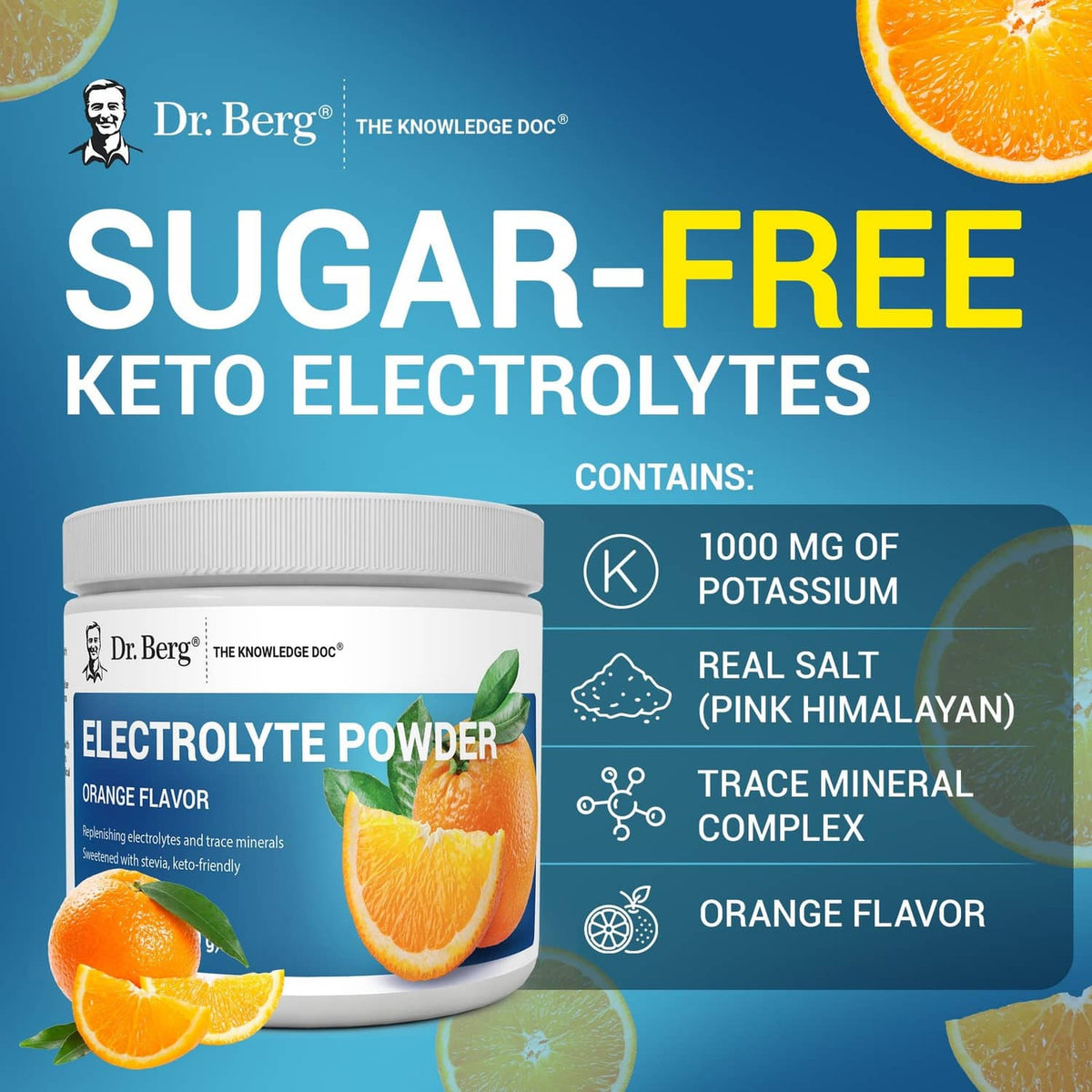 Dr. Berg sugar-free keto electrolyte powder jar with orange flavor container label