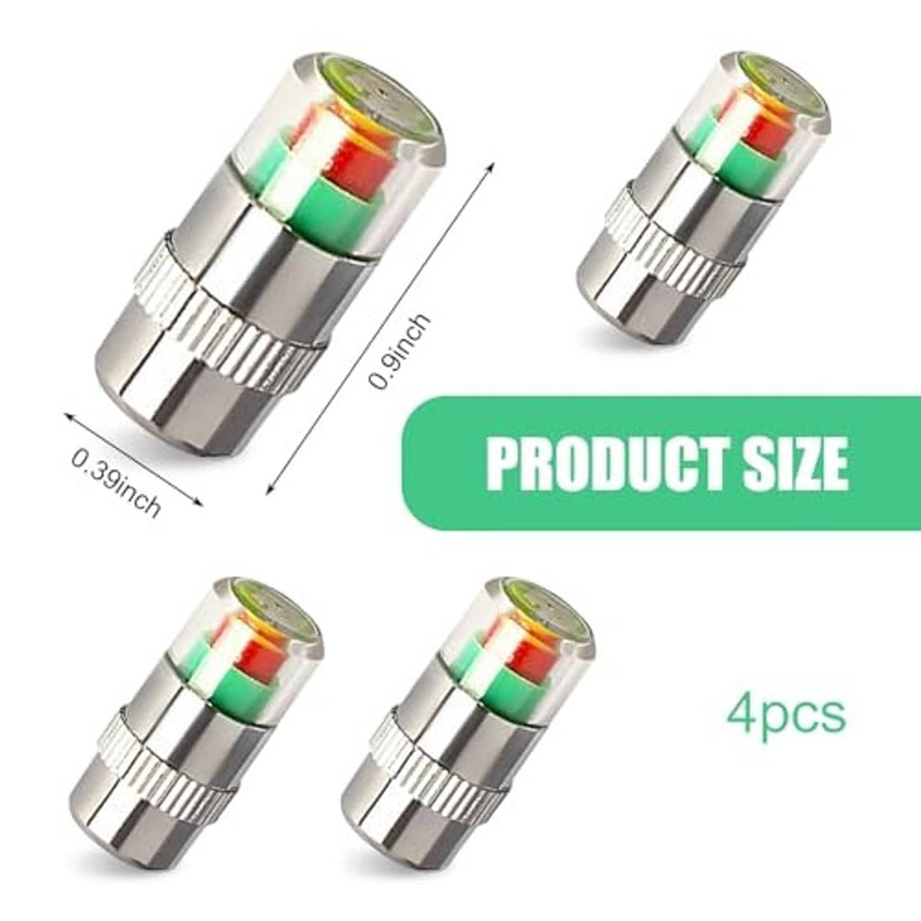 Silver car tire valve stem caps with green and red indicator bands, close view