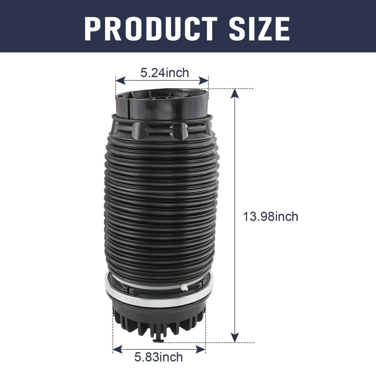 Black air suspension spring bag with ribbed bellows and top mounting cap, side view