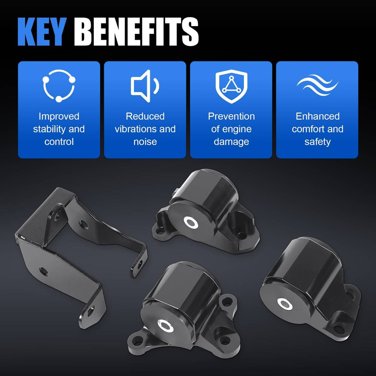 Black engine motor mount bracket kit with several brackets and matching bushings