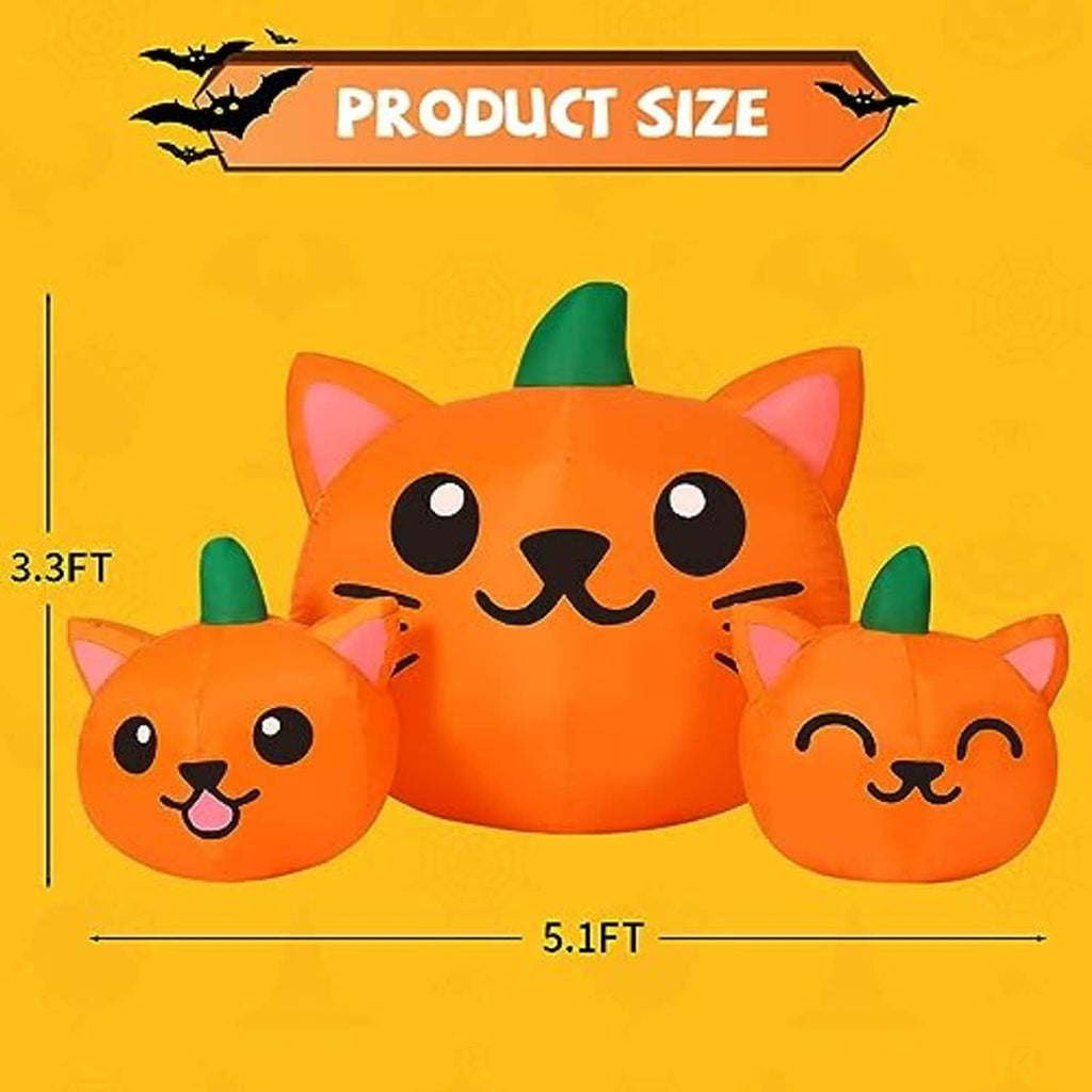 Orange inflatable cat-head trio with green cone hats, product size graphic