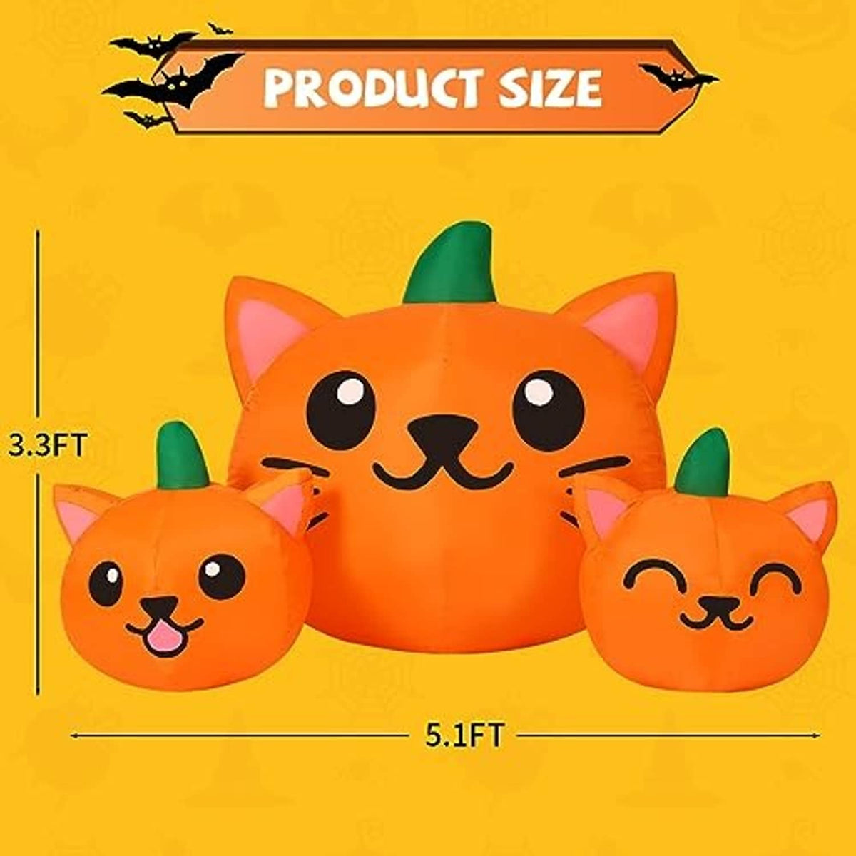 Orange inflatable cat-head trio with green cone hats, product size graphic