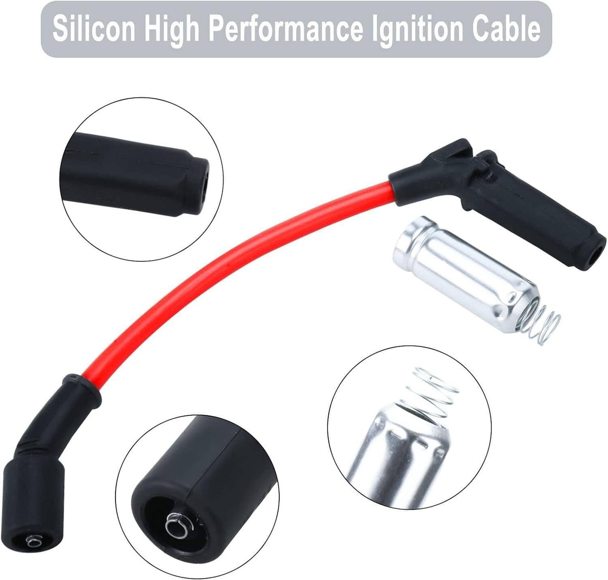 Silicon ignition cable with red wire, black boots, and silver connector terminals