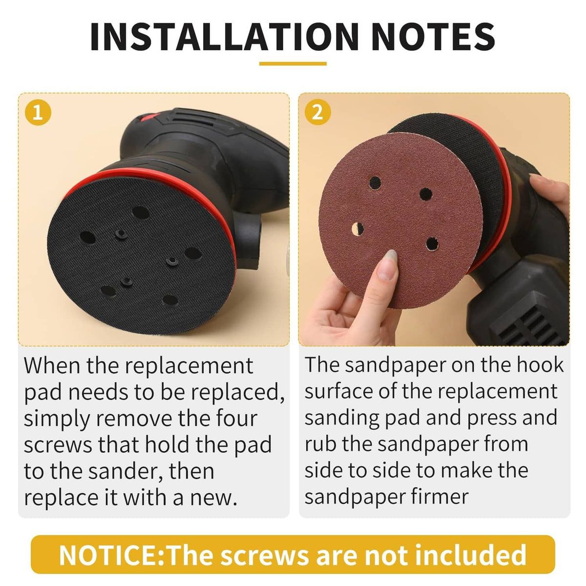 Orbital sanding pad installation, press-on hook-and-loop pad with matching screw holes