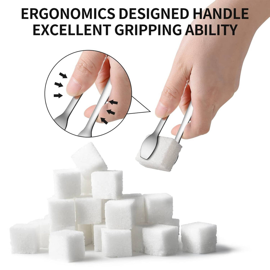 Mini serving tongs held in hand, silver curved tips for easy gripping