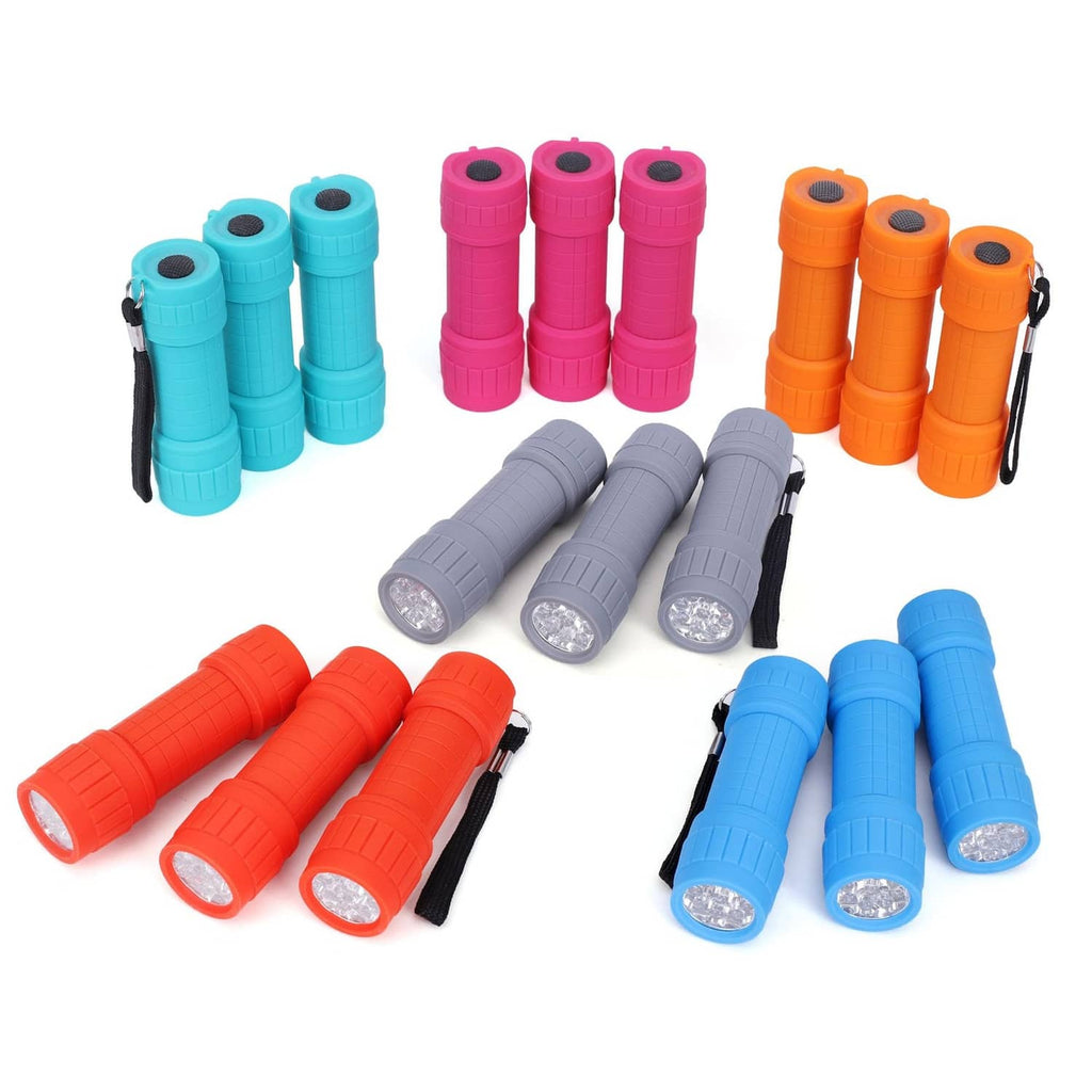 Assorted LED mini flashlights in teal, pink, gray, orange, blue, and red (18-pack)