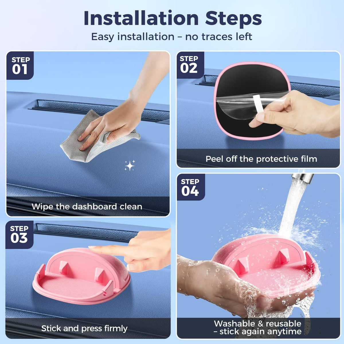 Pink silicone dashboard mount showing peel-and-stick installation and washable pad