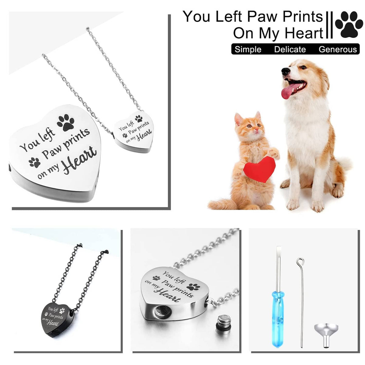 Heart urn pendant necklace set with paw prints, two silver-tone chains