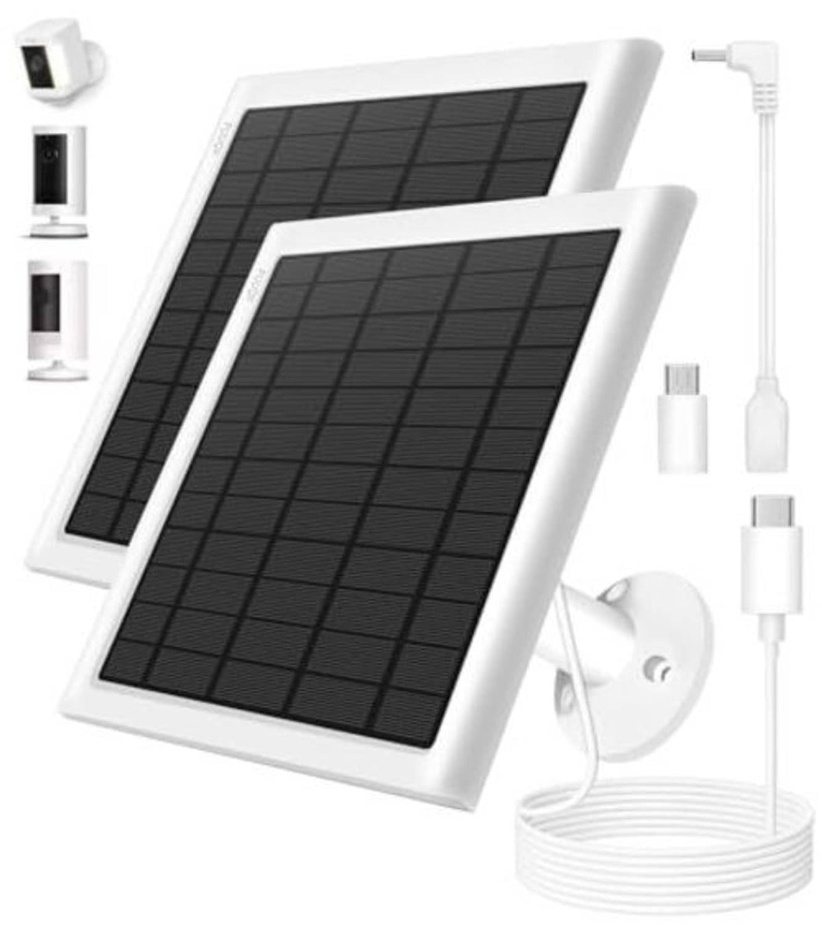 Solar panel charger with white mounting accessories and included charging cables