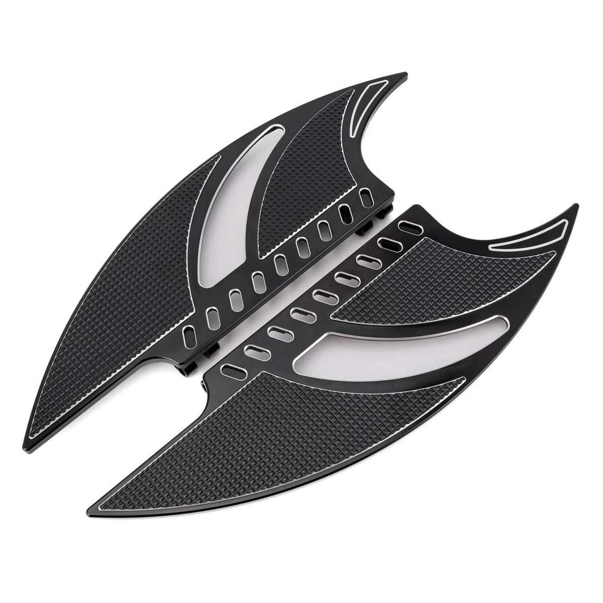 Motorcycle front floorboards, two black textured footrest panels with silver curved trim