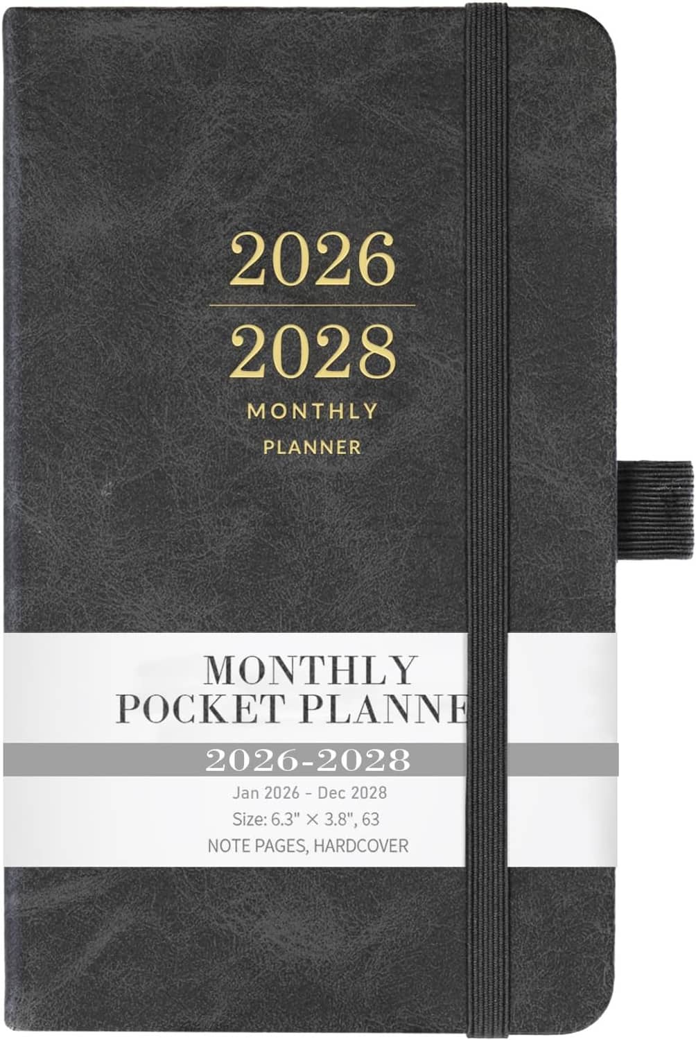 Dark faux-leather monthly pocket calendar, 2026–2028 cover with elastic band and pocket