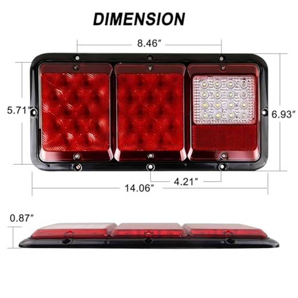 LED triple RV trailer light with three red lens segments and one clear reverse lens