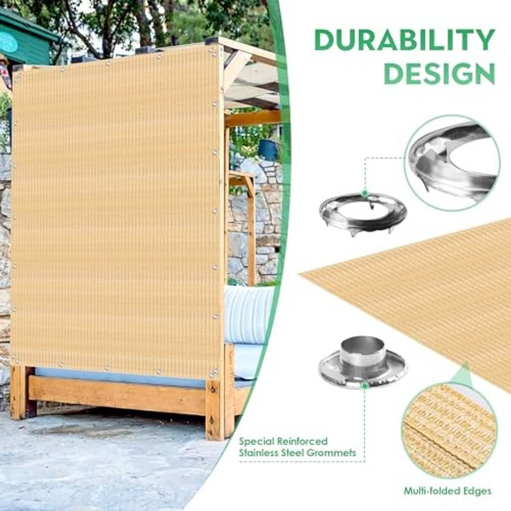 Desert sand shade cloth panel with corner grommets, mounted on a freestanding wooden stand.