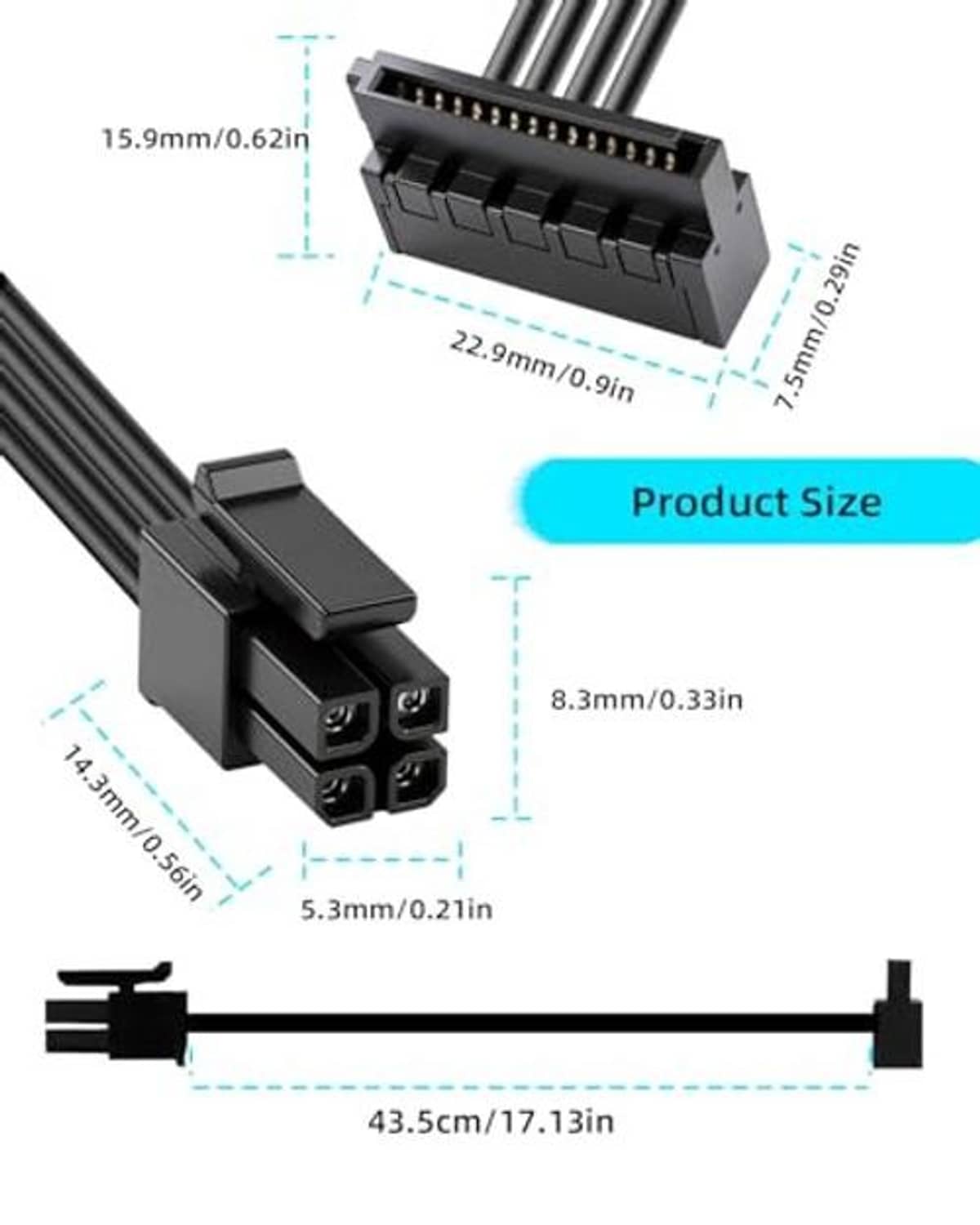 Black SATA power cable size diagram: 43.5 cm length with mini 4-pin and 15-pin ends.