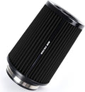 Black cylindrical cold air intake filter with pleated cotton gauze and metal end caps