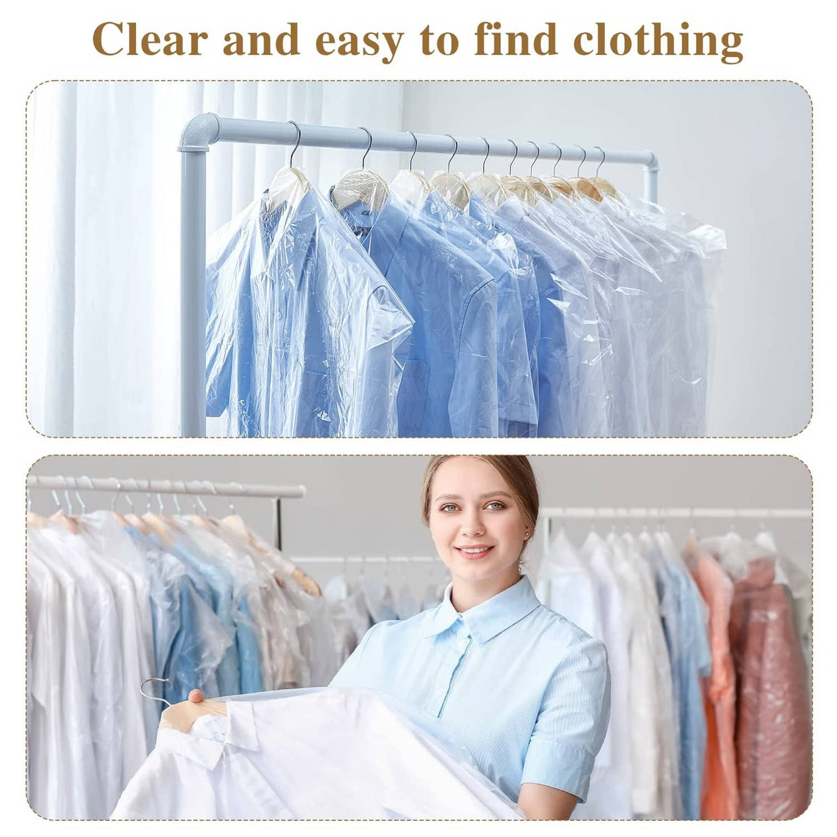 Clear plastic hanging garment bags on a clothing rod