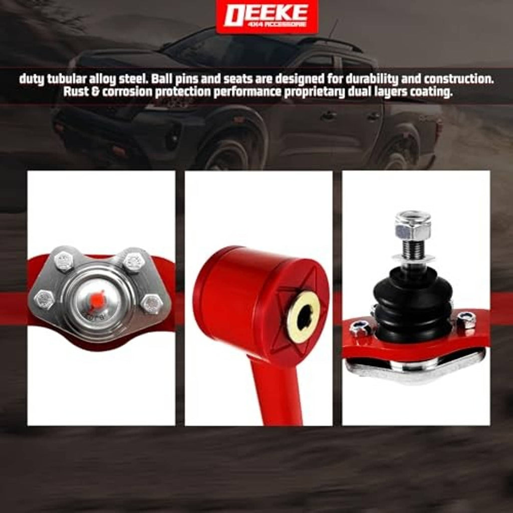 Red control arm ball joint and mounting hardware with close-up components