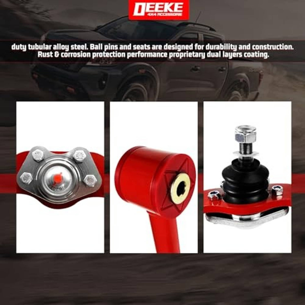 Red control arm ball joint and mounting hardware with close-up components