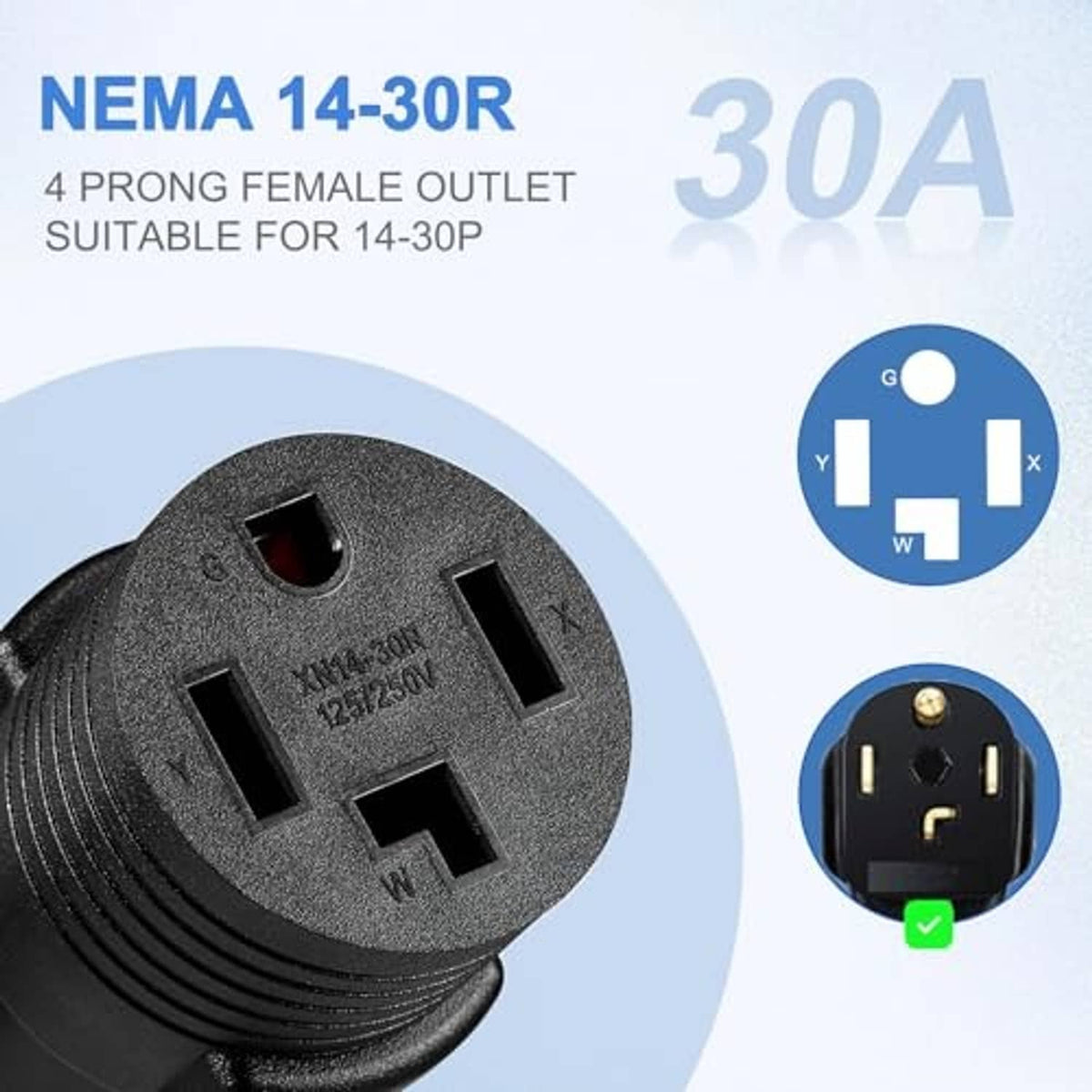NEMA 14-30R female end of black 3-prong to 4-prong dryer adapter