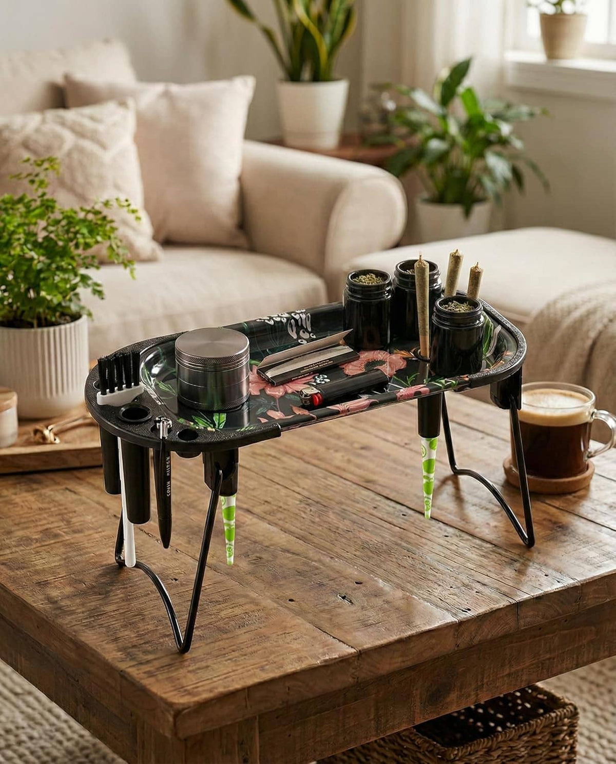 Metal rolling tray on tabletop with multiple cone-maker tubes