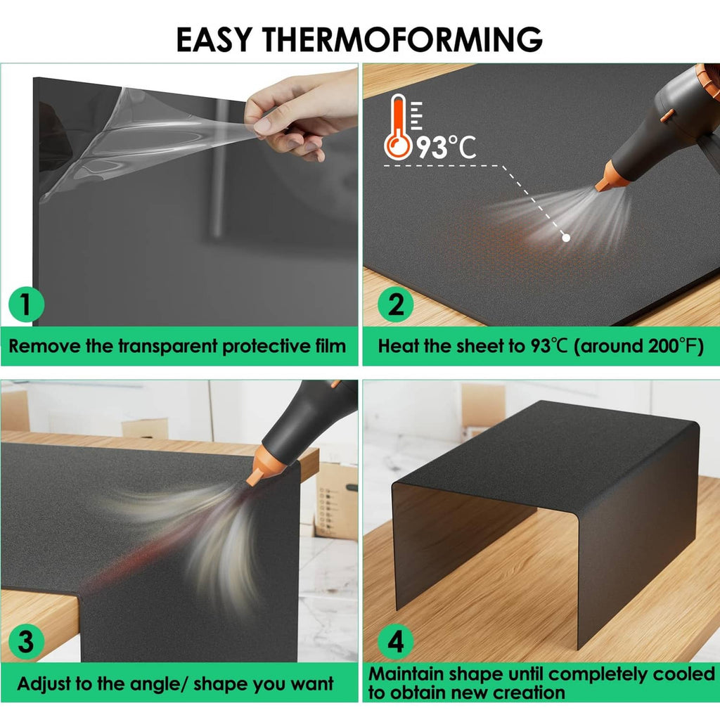 Black ABS sheet being heated and molded with a heat gun for DIY shaping