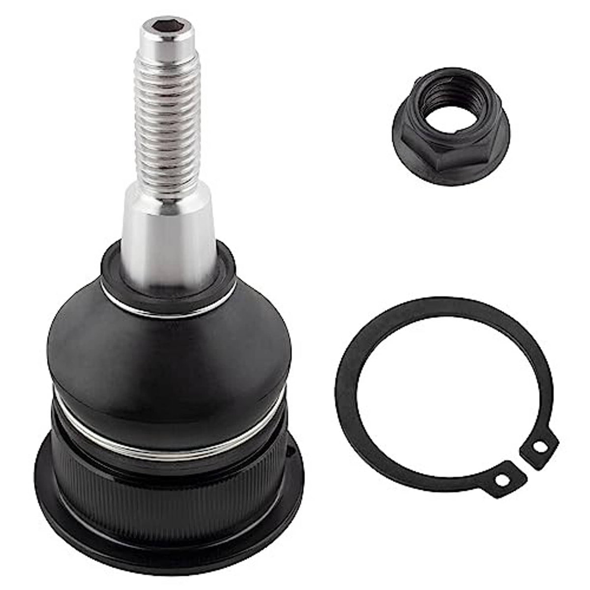Front upper ball joint with rubber boot, metal stud, nut, and seal ring