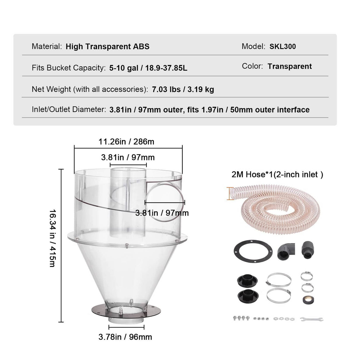 Transparent ABS cyclone dust separator with 5–10 gal bucket fit and inlet/outlet diameter details