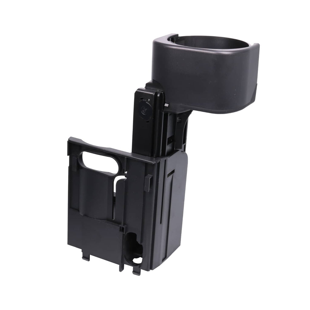 Front retractable cup holder bracket with cup holder cup, black plastic, side view