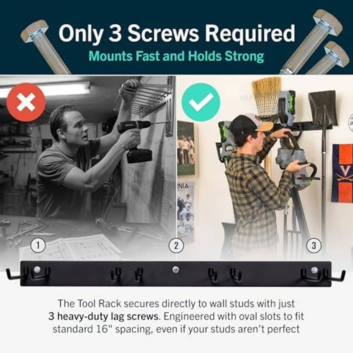 Black wall tool rack with 4 hooks, shown with fasteners for quick 3-screw install
