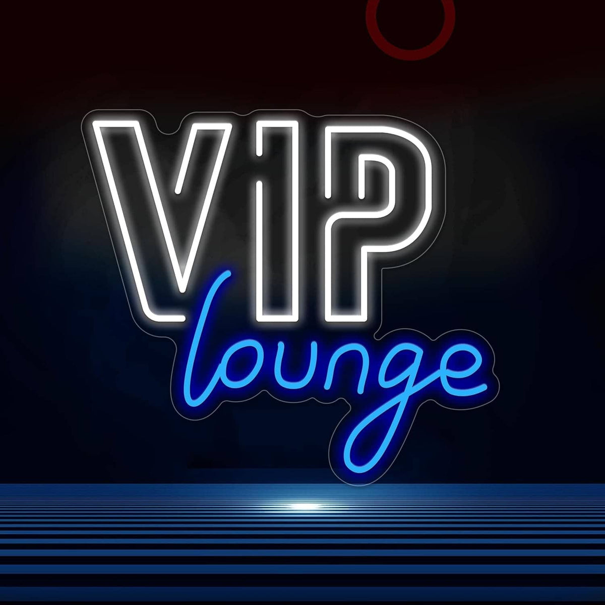 Neon wall sign "VIP lounge" with bright white and blue LED outline glow