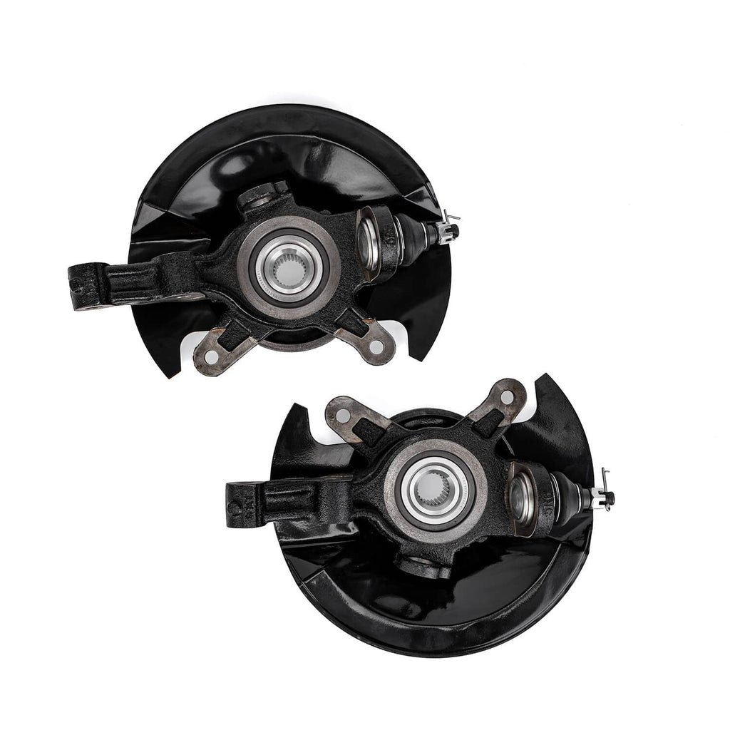Pair of front wheel hub bearing knuckle assemblies, front view with rotor shield and bolts