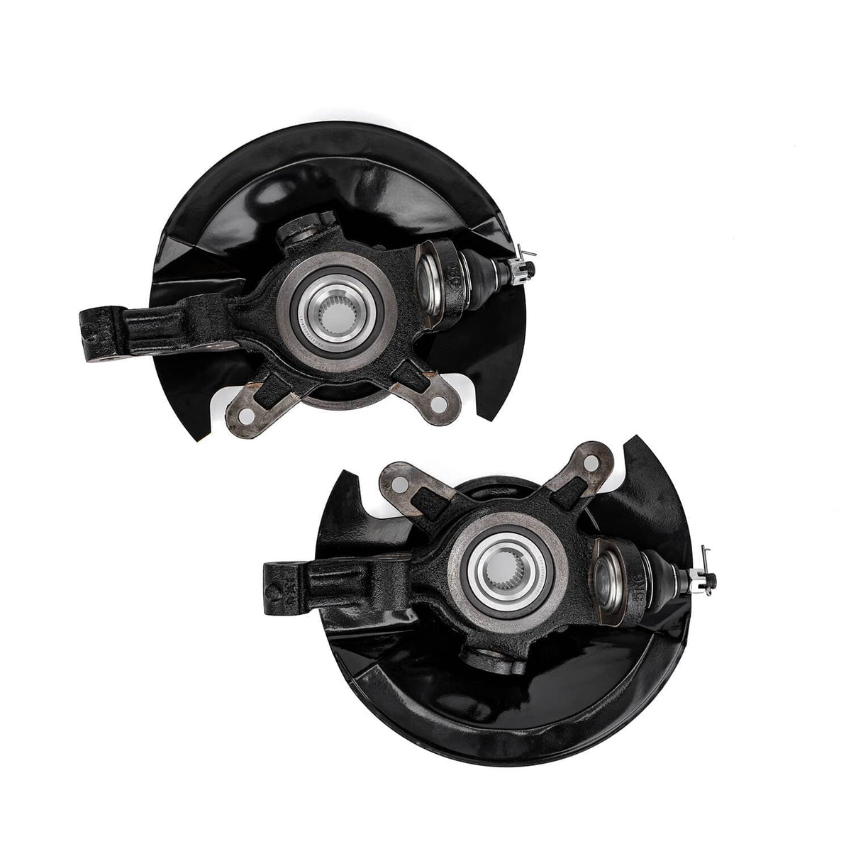 Pair of front wheel hub bearing knuckle assemblies, front view with rotor shield and bolts