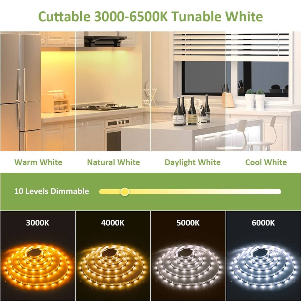 Tunable white LED color chart with warm, natural, daylight, and cool options