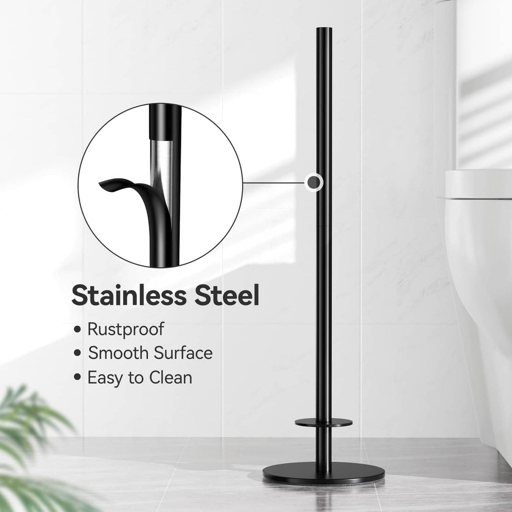 Matte black freestanding toilet paper holder stand with tall pole and round base