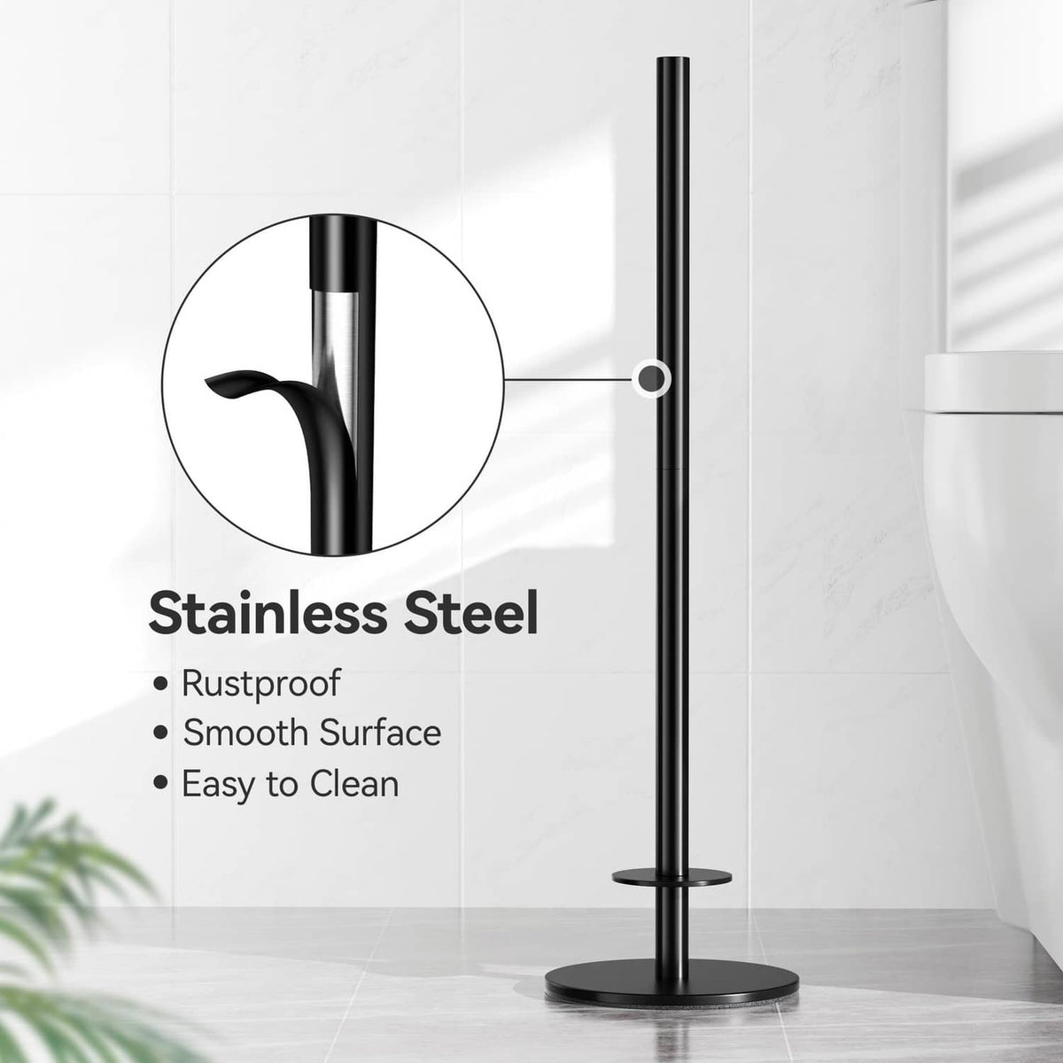 Matte black freestanding toilet paper holder stand with tall pole and round base
